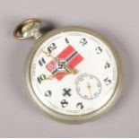A white metal pocket watch bearing Nazi Germany flag to dial and train to back of case. Running.