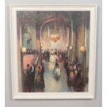 A large oil on canvas, in painted frame depicting a gathering at a ballroom. Dimensions excluding