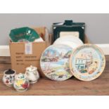 Two boxes of miscellaneous. Midwinter stylecraft lidded jars, Ringtons Heritage plate, Ringtons '
