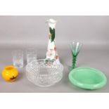 A quantity of glassware. Including Royal Doulton cut glass bowl, coloured glass, hand painted