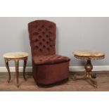 Two onyx circular side tables, with gilt frames, together with a brown corduroy buttoned bedroom