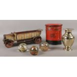 A quantity of miscellaneous. Three glass paperweight, Vintage Post Office tin, silver plated vase (