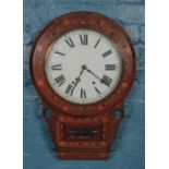 A 19th century mahogany drop dial wall clock with inlaid decoration. Missing pendulum and key.