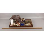 An oak butlers tray with an assortment of collectables. To include two Rabone Chesterman Ltd,