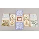 Eleven Victorian/Edwardian fireplace tiles, including a series of four depicting sunflowers, along