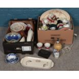 Two boxes of miscellaneous. Including Poole, Meito China teawares, Susie Cooper, boxes, etc.