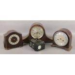 Three mantel clocks and a pigeon timing clock. Includes two bakelite examples, SkyMaster Ghost etc.