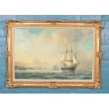 After Anton Melbye, a large gilt framed oilograph, maritime scene, titled The Golden Horn. 56cm x