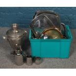 A box of metalwares, including Old Hall Stainless Steel trays, water jugs and coffee pots and a
