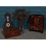 A quantity of miscellaneous. Oriental style miniature cupboard, iron flowers, wall barometer etc