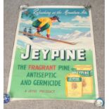 An advertising poster for Jeypine antiseptic & germicide. Depicts a lady skier. H:76cm W:101cm.