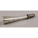 'The Acme' metal hunting horn, with horn mouthpiece. 16cm long.