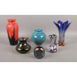 A collection of art glass vases, including Vasart and Ditchfield examples. Tallest vase: 20.5cm.