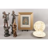 A small collection of assorted items, to include oil on leaf painting and pair of bronzed figures.