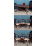 A mahogany twin pedestal extending dining table and set of six chairs.