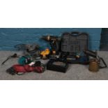 A bag of assorted power tools. Panasonic Hammer drill (EY6931) & Panasonic universal charger EY0230,