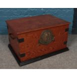 A hardwood engineers trunk. With fitted interior and metal mounted safe plaque to the front.