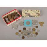 Two small boxes of assorted coins. To include Victorian one pennies, commemorative coins, six