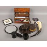 A quantity of collectables. Including Halex dressing table set, horn, desk tidy, compacts, etc.