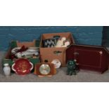 Two boxes of miscellaneous. Coalport plate, Fenton China pin dish, Metamec mantel clock etc