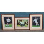 Three framed limited editions by Alan Damms depicting footballers Michael Owen and David Beckham.