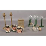 A quantity of miscellaneous. Brass candlesticks, character jugs, vintage glasses etc