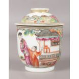 An 18th century Chinese wine cup and cover. Painted in enamels with figures. 9cm. Repaired chips