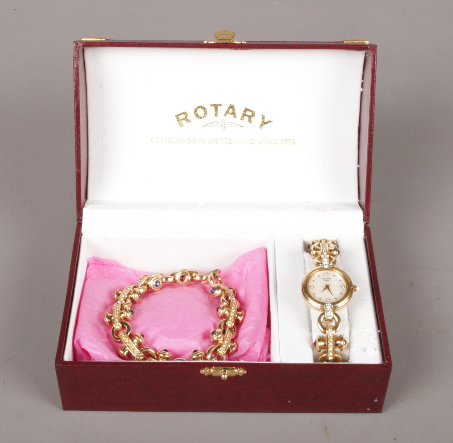 A boxed Rotary 'Monaco' ladies quartz wristwatch, with matching bracelet. Both examples set with