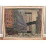 In the style of LS Lowry, a large framed oil on canvas, New York scene with Brooklyn Bridge in the