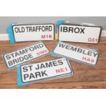 A collection of modern football ground street signs. Ibrox, Old Trafford, Wembley, Stamford