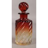 A Baccarat coloured glass scent bottle of spiral form. 12cm. Chip to stopper.
