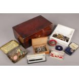 A rosewood jewellery box with contents. Including jewellery, parker pen, stones, etc.