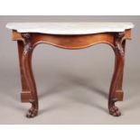A Victorian mahogany console table with marble top and carved lion paw feet. 122cm wide x 82cm