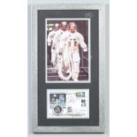 A framed Apollo 11 moon landing autograph display. With 25th anniversary medallic first day cover