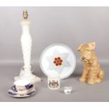 A small quantity of miscellaneous. Alabaster table lamp, Sylvac dog, Denby 'Chatsworth' plate,