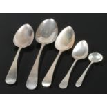 Five silver spoons. To include a large silver spoon assayed London 1788 by John Lambe, a dessert