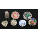 A small collection of brooches and a thimble. To include three micro-mosaic brooches, a Silver
