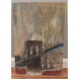 After Samuel Halpert, an unframed oil on board, Brooklyn Bridge with a boat. Signed S Halpert. 59.