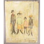 In the style of LS Lowry, a coloured sketch of a family group. 45cm x 35.5cm.