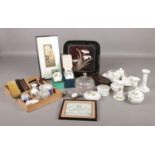 A box of miscellaneous. To include two boxed Royal Worchester egg coddlers, a small framed