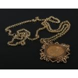 A Victorian full sovereign, 1899, in 9ct gold mount with 9ct gold rolo link chain. Total weight 22g.
