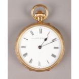 An 18ct gold fob watch with white enamel dial and Roman numeral markers. The dial and movement