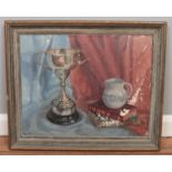 Manner of Duncan Grant, a framed oil on board, still life with trophy, books and a jug. Signed D