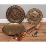 A collection of mostly metalwares, brassware plates, vintage shoe stretcher etc.