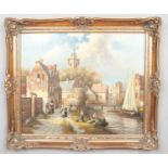 G Schroter, a gilt framed oil on canvas, Dutch street scene next to a river, with figures. 49cm x