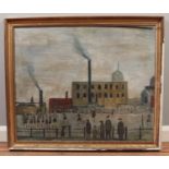 In the style of LS Lowry, a large gilt framed oil on canvas, depicting a football match and