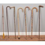 Six walking sticks and shoe horn. To include a Bamboo example with metal handle end, two sticks with