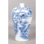 A Chinese blue and white meiping vase. Painted in underglaze blue with river scene, fishing boats