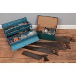A quantity of assorted hand tools. To include metal tool box, hand saws, box of electronic parts etc