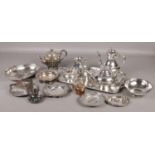 A good collection of metalwares. Includes James Dixon & Sons silverplate tea set, wine coaster,